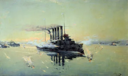 Kruiser Askold vechtend op 28 juli 1904 in de Gele Zee